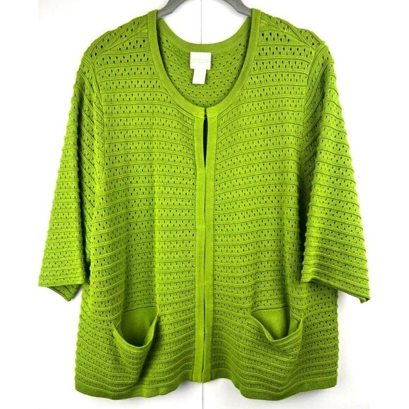 Chico's Cardigan 2 US Large 3/4 Sleeve Lime Green Open Crochet Hook Eye Sweater - Picture 1 of 6